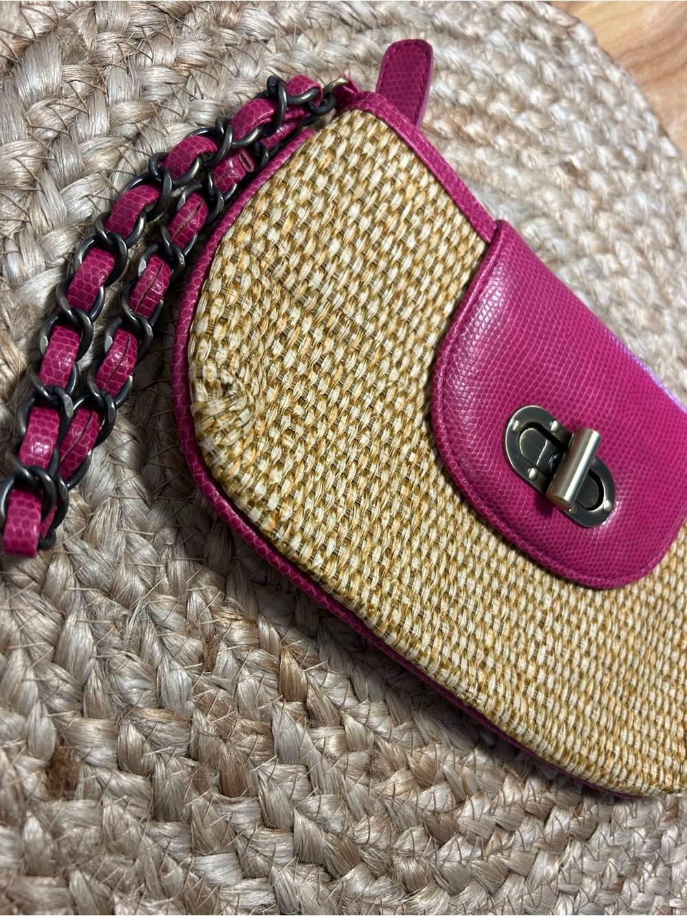 RW&CO. Straw Mini Crossbody with Pink Trim and Chain Strap